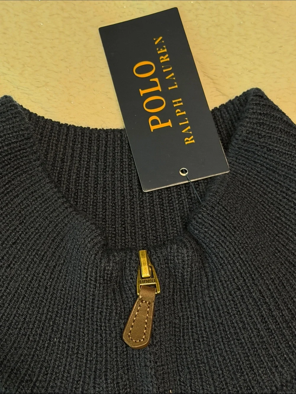 Polo by Ralph Lauren Navy Cable-Knit Quarter-Zip Sweater with Red Pony - Picture 3 of 4